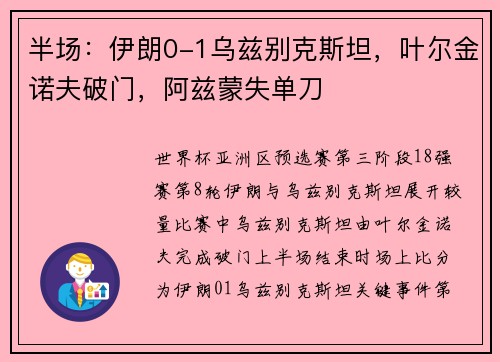 半场：伊朗0-1乌兹别克斯坦，叶尔金诺夫破门，阿兹蒙失单刀