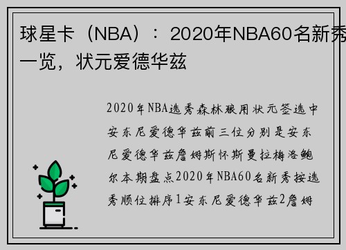 球星卡（NBA）：2020年NBA60名新秀一览，状元爱德华兹